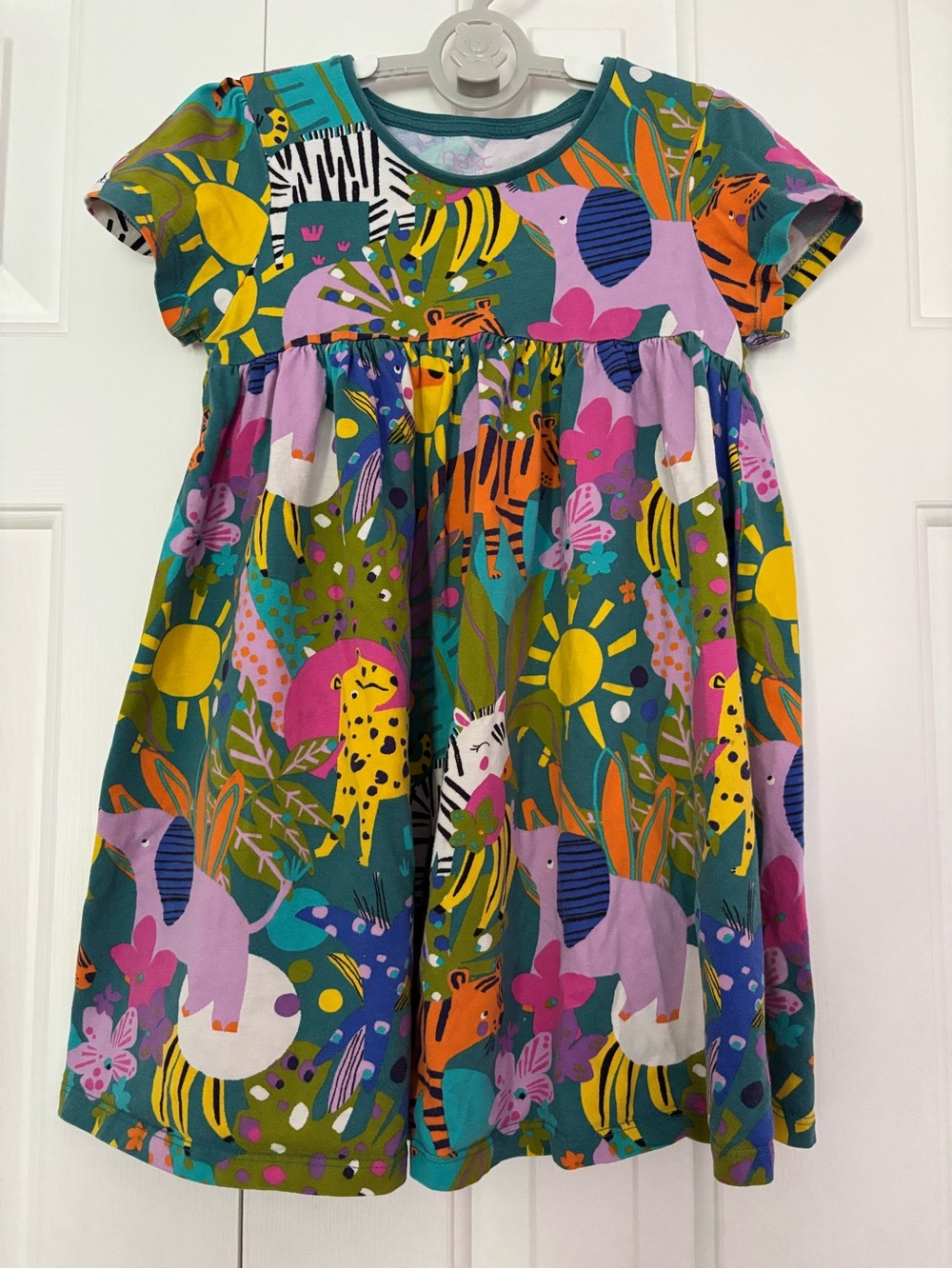 Next Girls Jungle Animal Print Dress in Teal and Multicolor. Size 4-5T